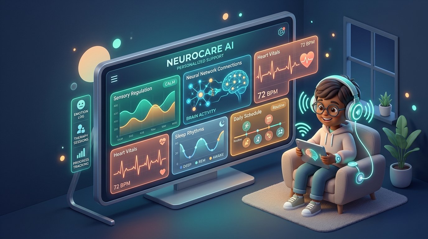 Z-Life AI Neurocare Platform visualization showing child with calming headphones and glowing sensory vital monitors